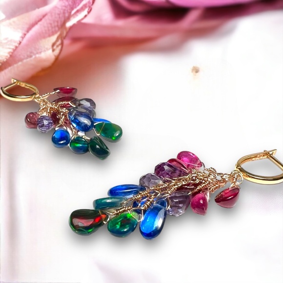 Natural Rainbow Gemstone: Opal Tourmaline Ruby Earrings in Solid 18K Rose Gold - Picture 1 of 15